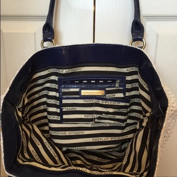 Adrienne Vittadini Nautical Black White Straw Summer Tote Bag - Picture 13 of 16